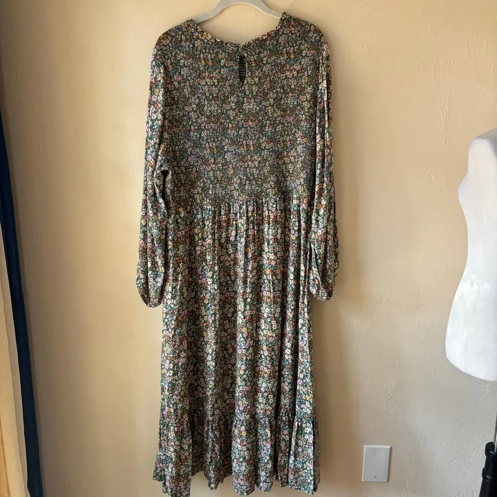 Old Navy Womens XXL Ditsy Floral Smocked Midi Dress Long Sleeve Rayon Boho Multi
